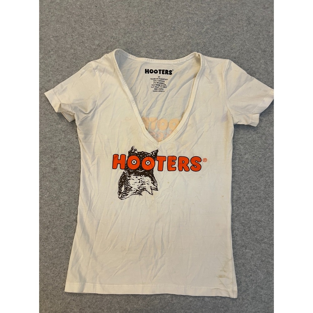 Hooters Employee Uniform‎ Shirt  Women's XS White V Neck Owl Logo Front Back Top
